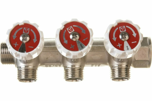 Коллектор 3/4'x3 выхода 1/2' НР с вентилями (на подающий трубопровод) VALTEC